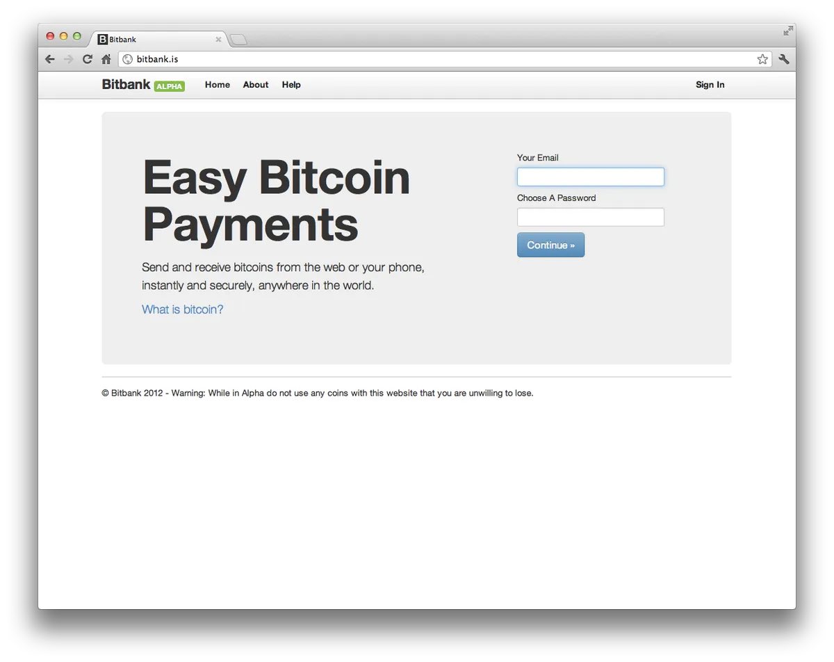 Screenshot of the original Bitbank website from 2012, reading 'Easy Bitcoin Payments' with a sign-up form.