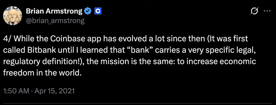 Tweet from Brian Armstrong dated April 15, 2021, confirming Coinbase was first called Bitbank until he learned that 'bank' carries a specific legal, regulatory definition.